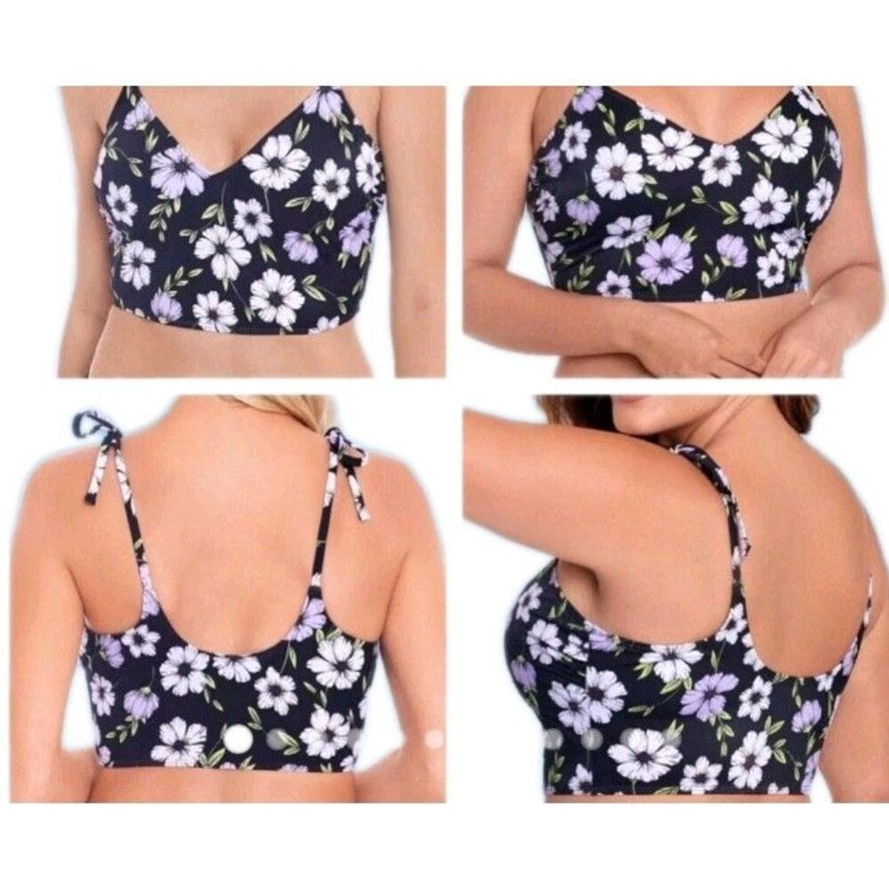 Beach Betty Floral Bikini Swim Top Tie Strap Black Purple Daisy Crop Sz S EUC